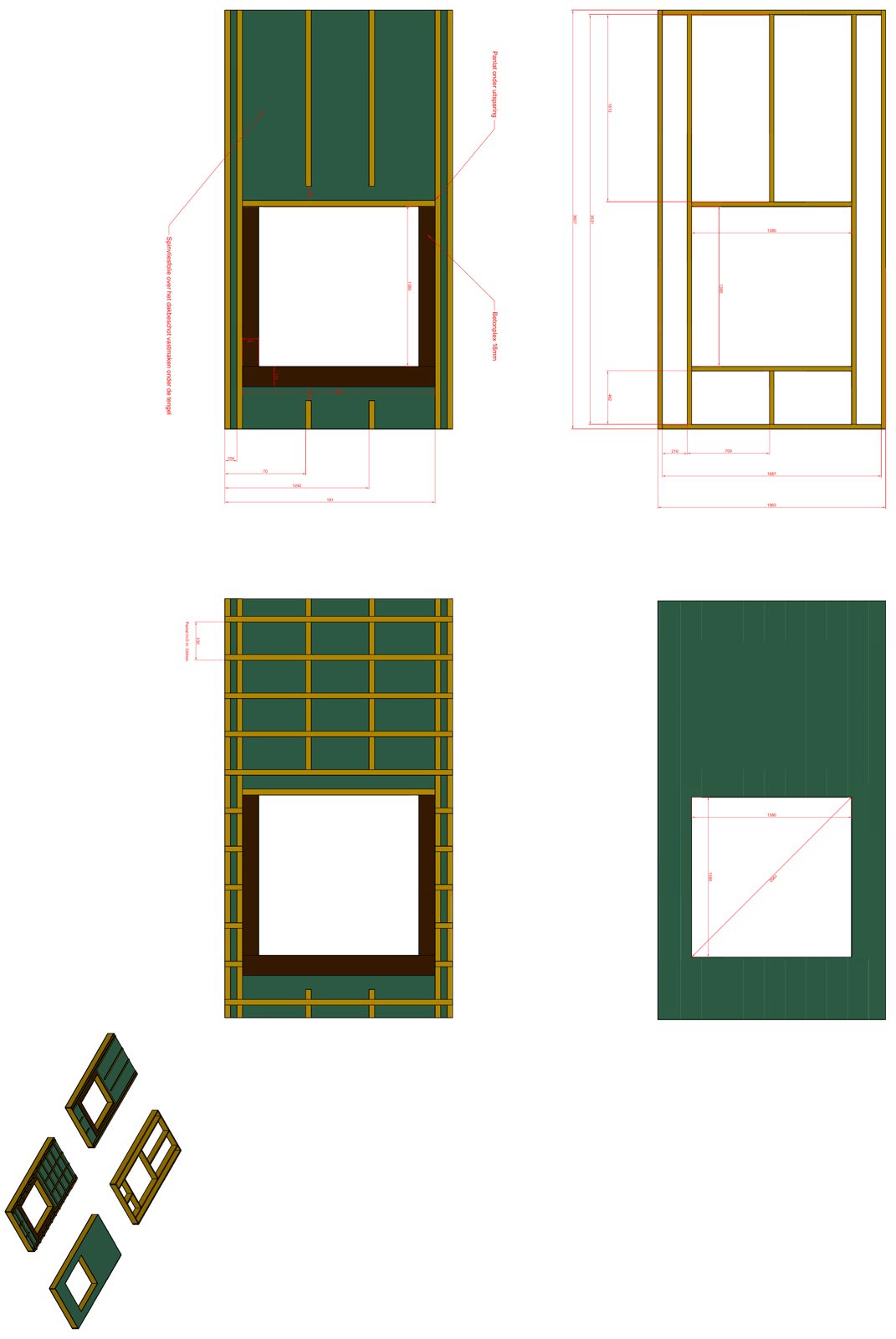 Werktekening van een tweede dakelement met sparing